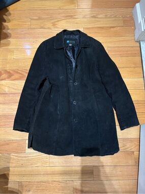 Relativity Men's Black and Grey Leather Trench Coat Jacket Size Large L